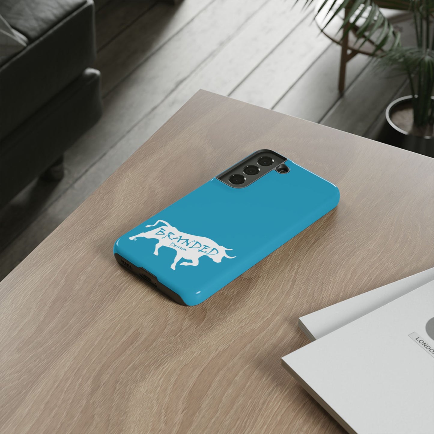 Turquoise Branded Denim Logo IPhone, Samsung, Google Tough Cases