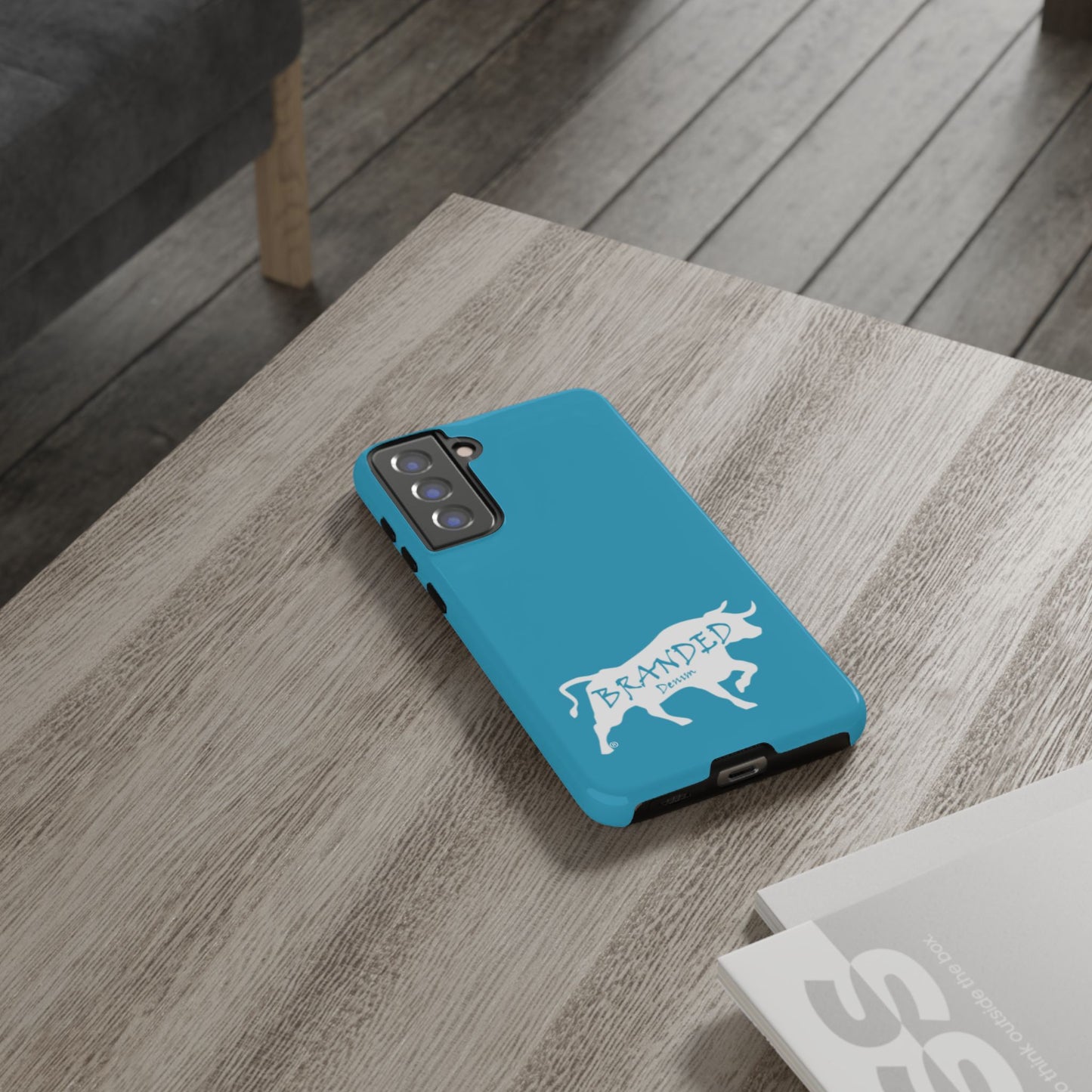 Turquoise Branded Denim Logo IPhone, Samsung, Google Tough Cases