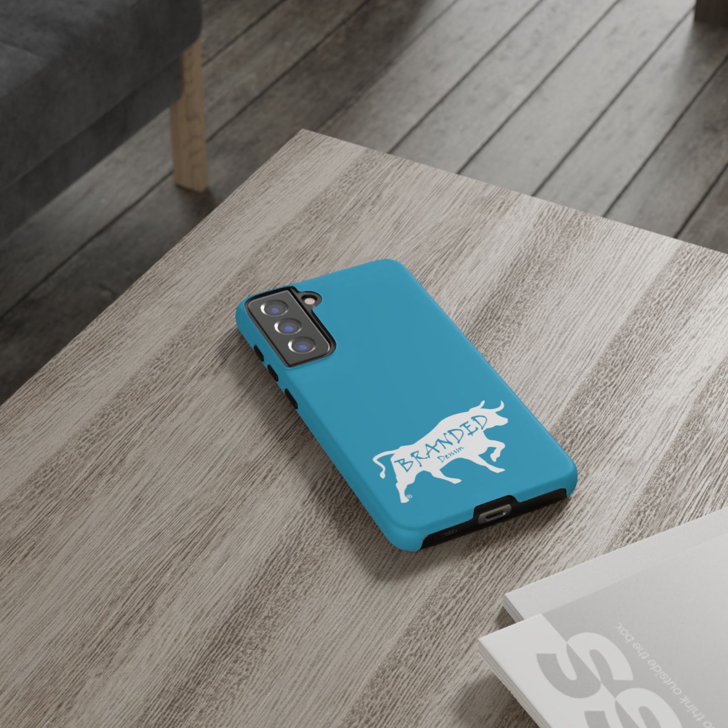 Turquoise Branded Denim Logo IPhone, Samsung, Google Tough Cases